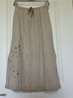 Linden Hill light Beige Linen A-Line Maxi Skirt with Embroidered Vine Detail